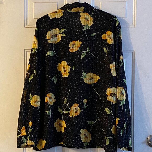 Alfred Dunner Sz 18 (XL) Blouse Button Up Short Sleeve Black Yellow Poppies - Picture 7 of 10